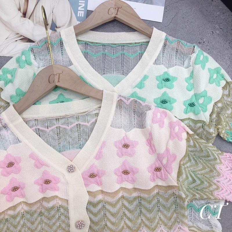 Áo mongterghi hoa nổi đính ngọc, cổ tim khuy cài