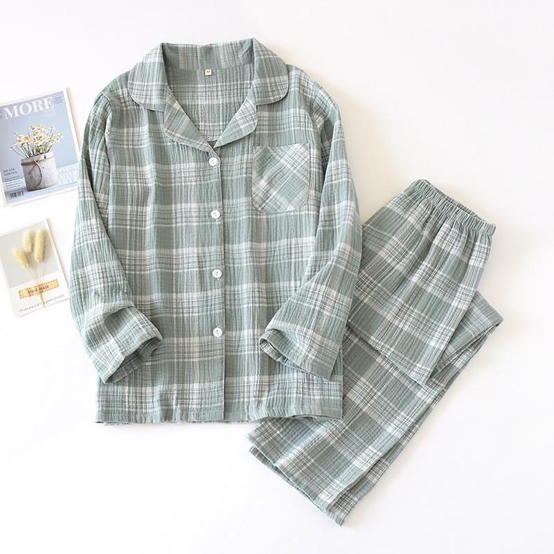 Bộ pyjama nữ dài tay mặc nhà vải xô nhật hai lớp mềm nhẹ họa tiết kẻ