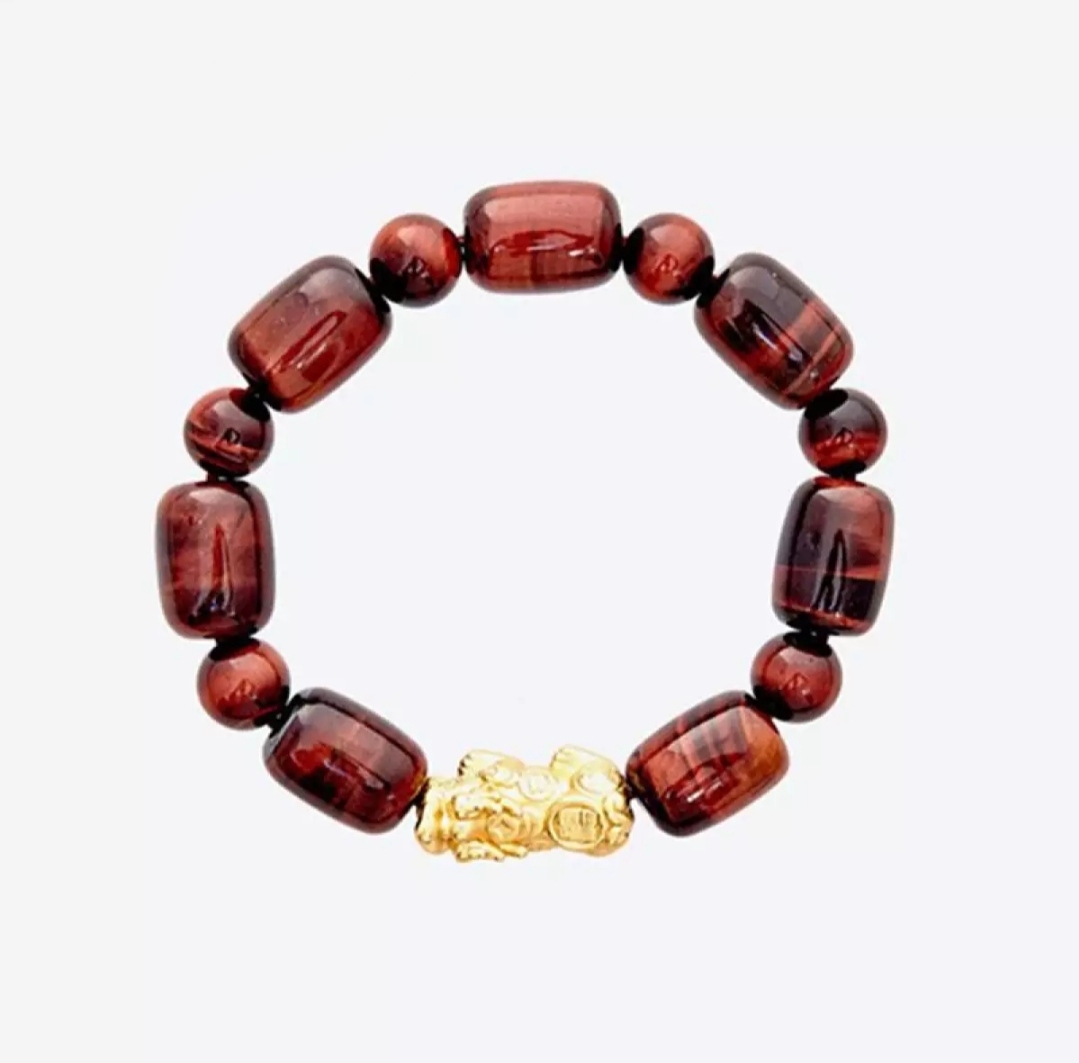 Vòng tay đá mắt hổ đỏ nâu mix Charm tỳ hưu mạ bạc cho Nam Nữ văn phòng làm trang sức