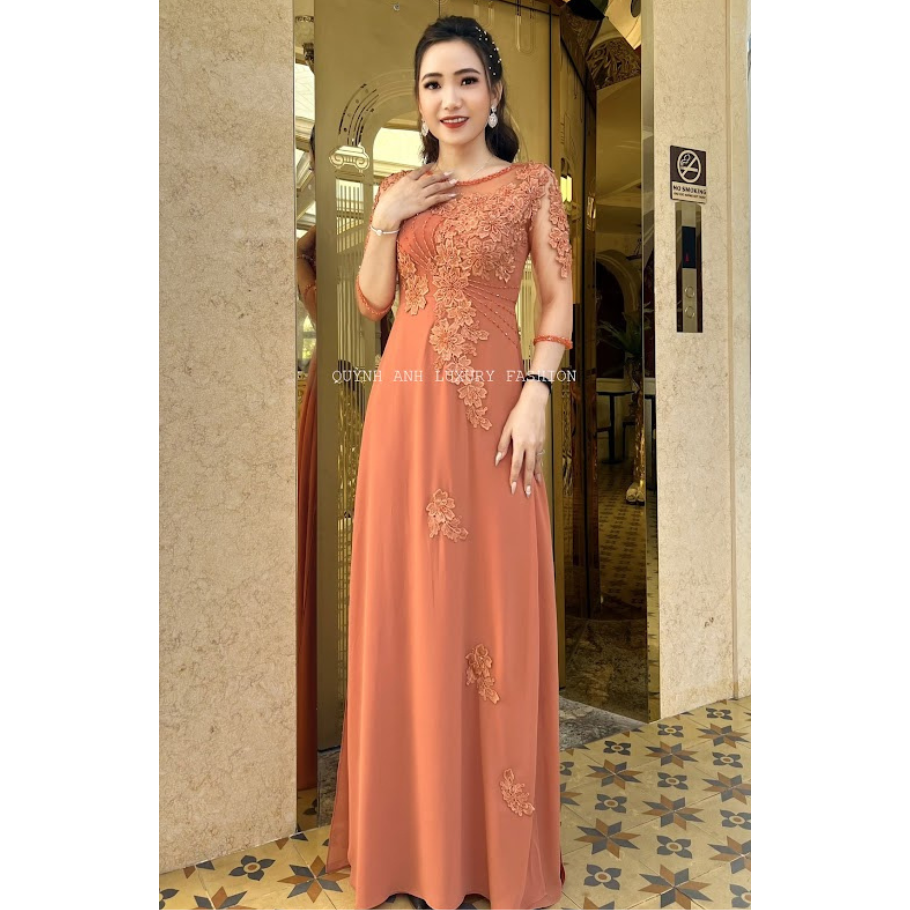 Áo Dài Dạ Hội Đám Hỏi Màu Cam Đào Đính Đá Kết Hoa Anthea Dress