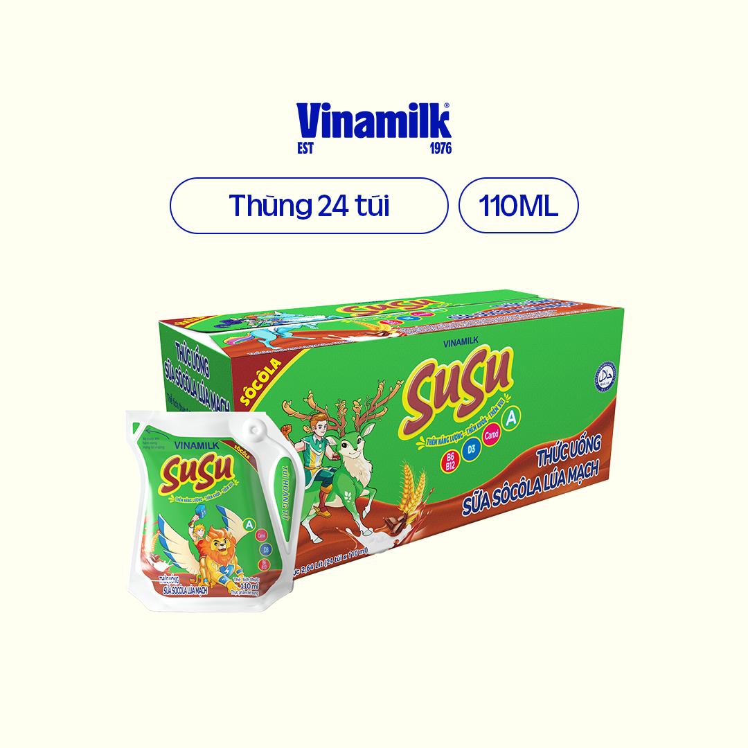 Thùng Thức uống sữa Socola lúa mạch Vinamilk Susu - Thùng 24 túi 110ml