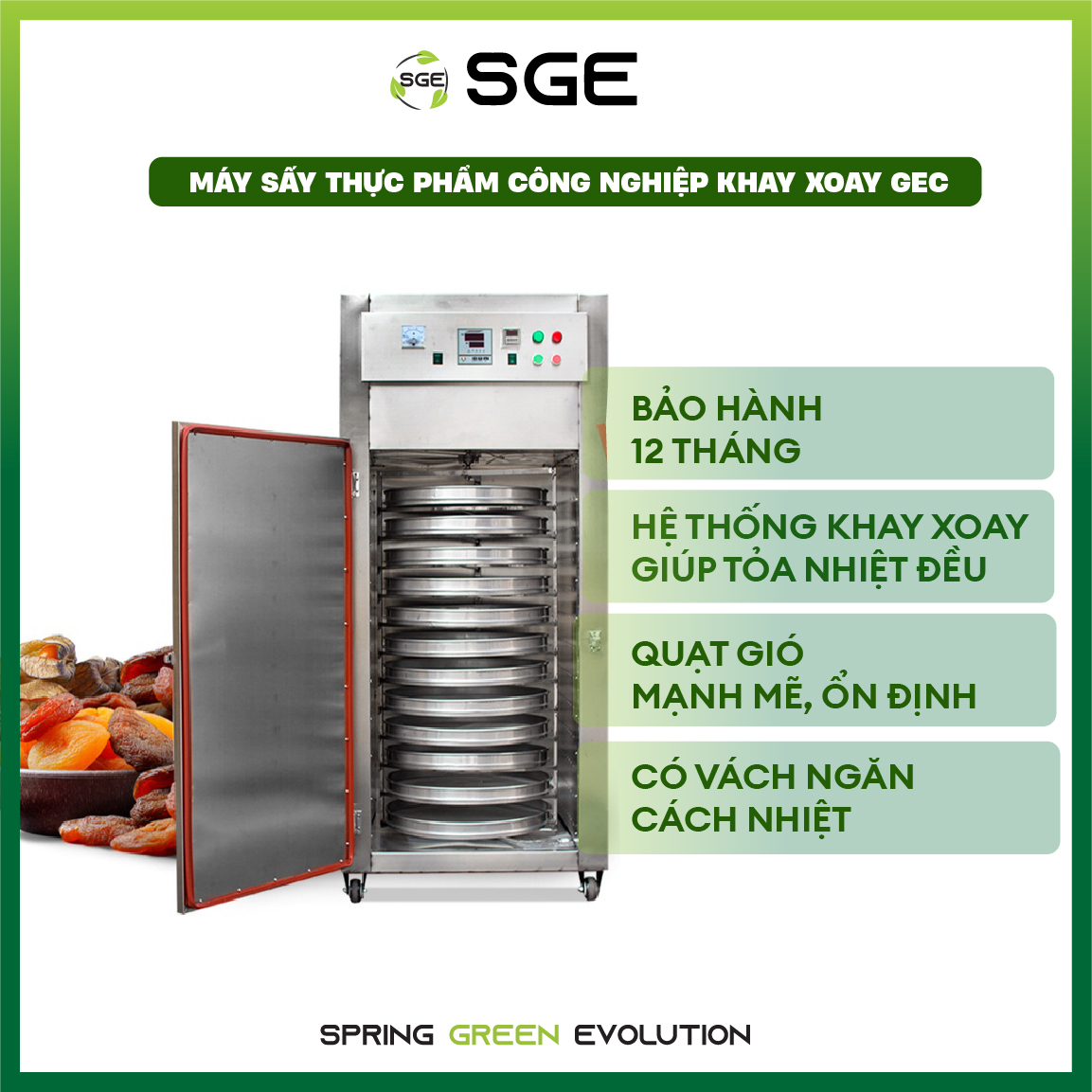 Máy sấy công nghiệp khay xoay tròn loại 12 khay GEC12. Sấy nhanh, tốc độ cao gấp 10 lần phơi nắng, dễ thao tác, sử dụng, an toàn với bảo vệ cách nhiệt. Hàng nhập khẩu chính hãng SGE Thailand