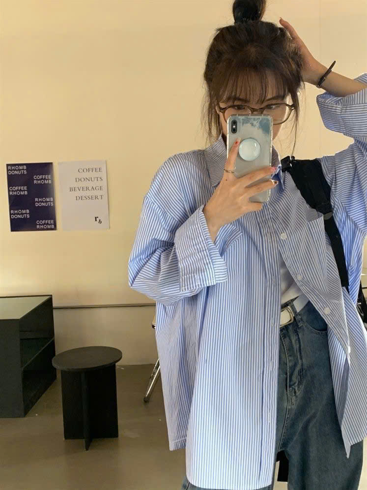 Áo sơ mi nam nữ form rộng 2N Unisex somi khoác ngoài sọc xanh basic số 19