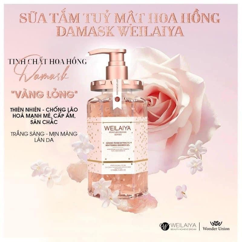 Combo 2 chai Sữa tắm trắng da cánh hoa hồng Damask Weilaiya Grand Rose Extracts Whitening Shower Gel 450ml tặng 1 Bông tắm Weilaiya