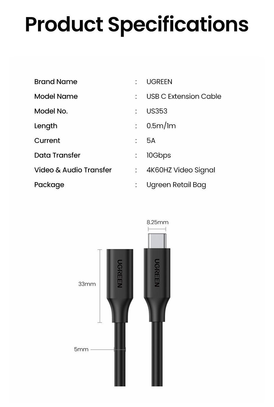 Ugreen UG10387US353TK 1m Gen2 cáp usb type c nối dài - HÀNG CHÍNH HÃNG