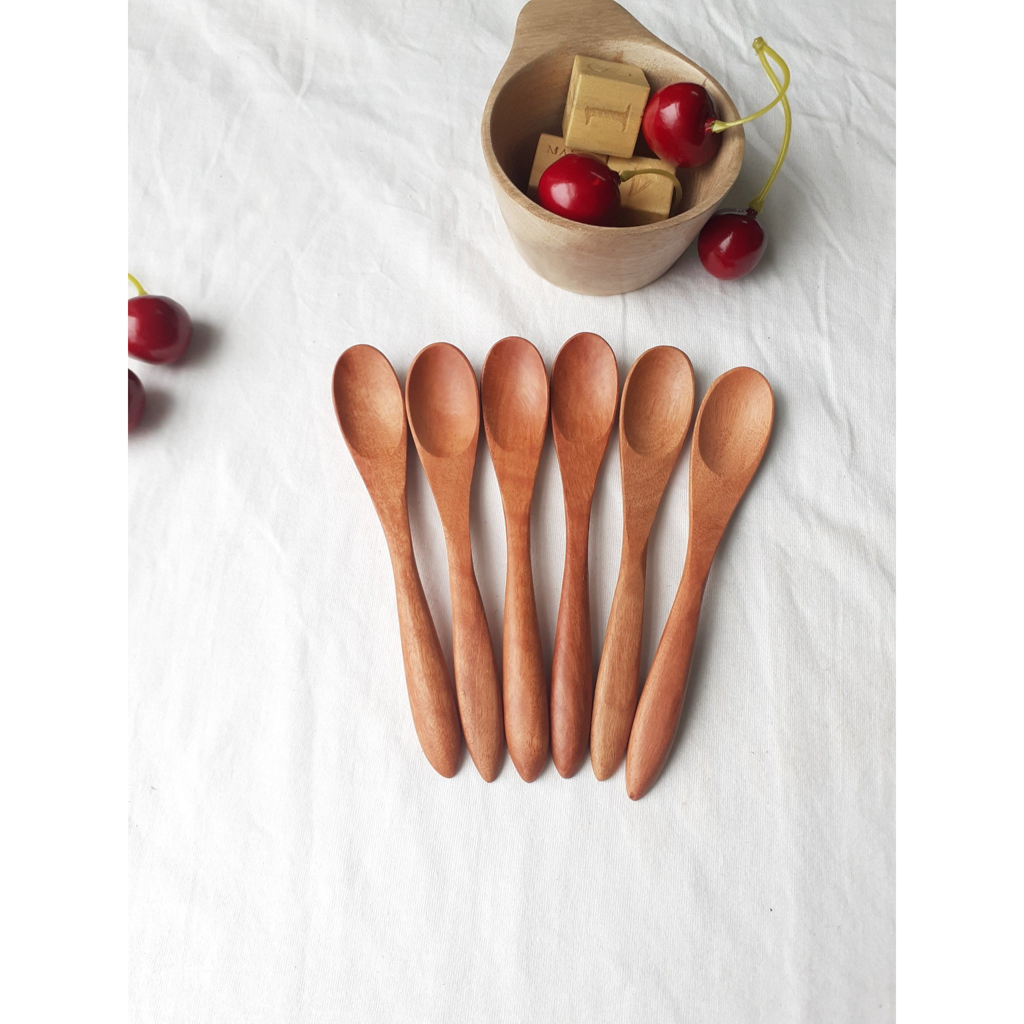 Bộ 6 thìa, muỗng gỗ nhãn nhỏ màu nâu 12 cm x 2 cm