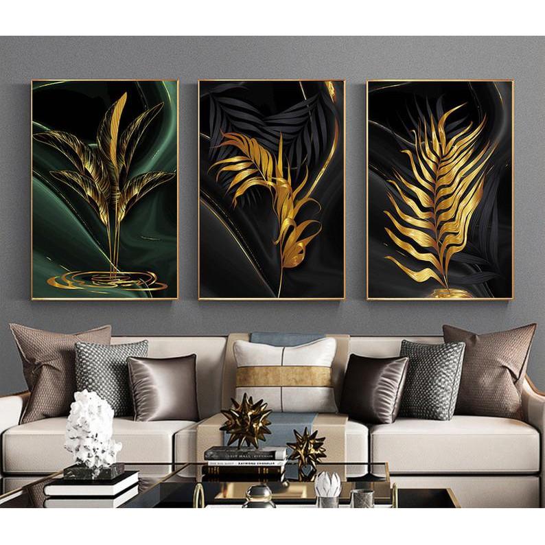 Tranh treo tường | Tranh bộ 3 bức trừu tượng Luxury black &amp; gold Leaves Painting Wall Art printable
