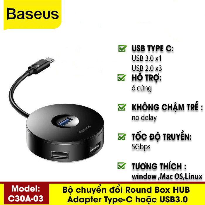 Bộ Chuyển Đổi Baseus Round Box HUB Adapter Type-C Hoặc USB3.0 To USB3.0*1 + USB2.0*3 - Hàng Chính Hãng