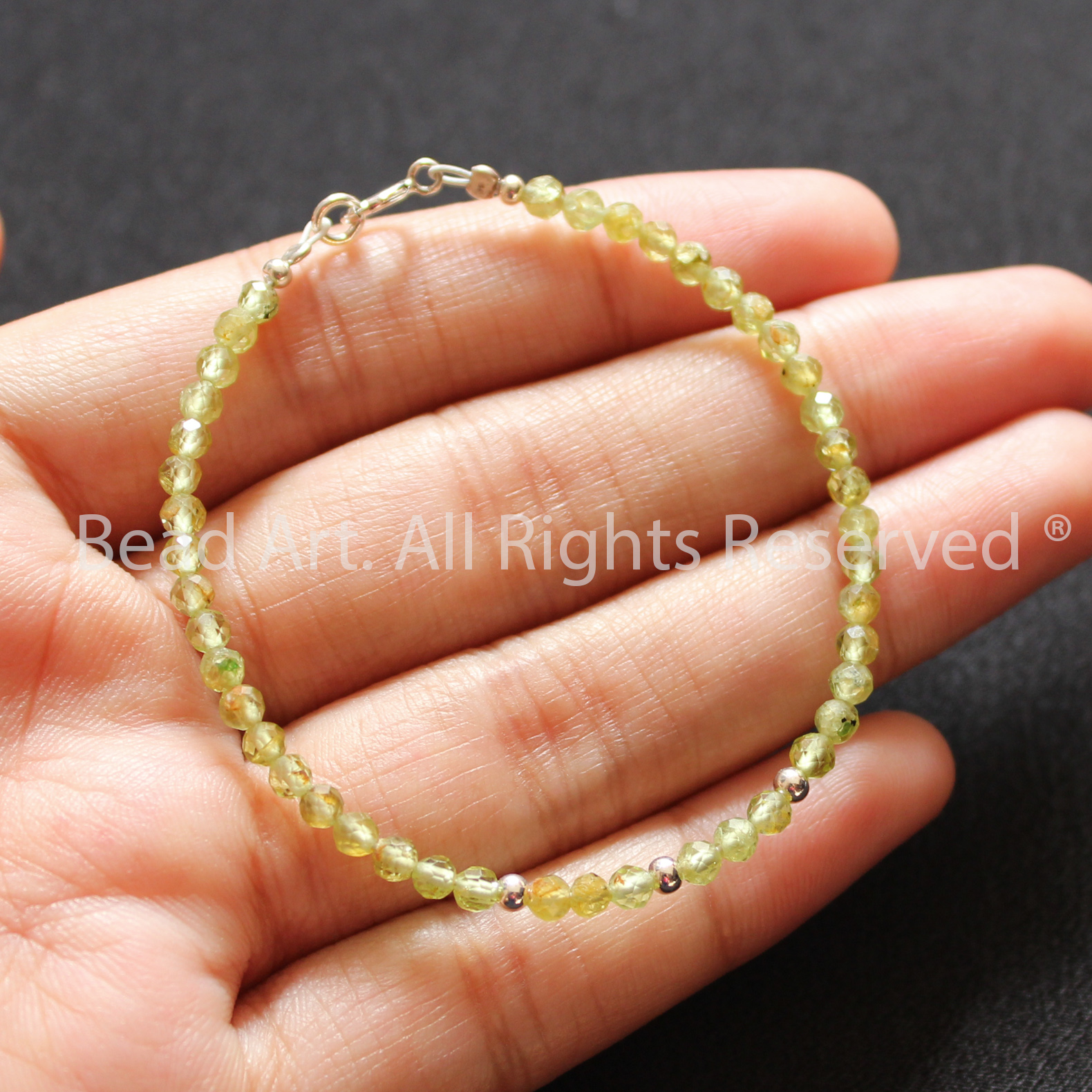 Vòng Tay 3MM Đá Peridot Xanh Lá, Xử Lý Nhiệt, Bạc 925, Mộc, Hoả, Lắc Tay, Phong Thuỷ, Chuỗi Hạt - Bead Art