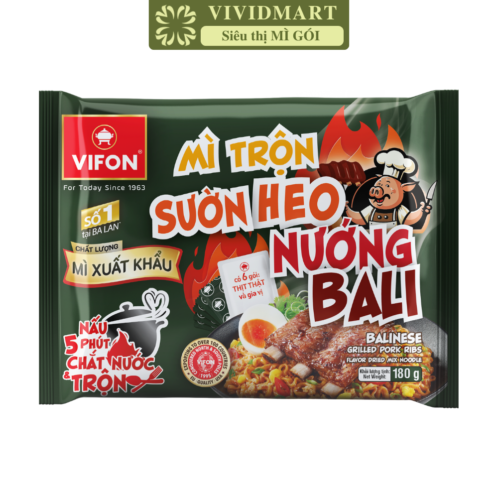 VIFON - Mì trộn Vifon xuất khẩu Sườn nướng Bali, Mì trộn Sườn nướng Baly Vifon xuất khẩu cao cấp (180g/gói)