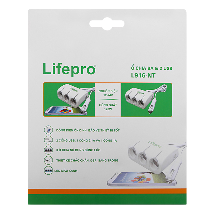 Ổ Chia Ba Và 2 USB Trên Ô Tô Lifepro L916-NT - Trắng