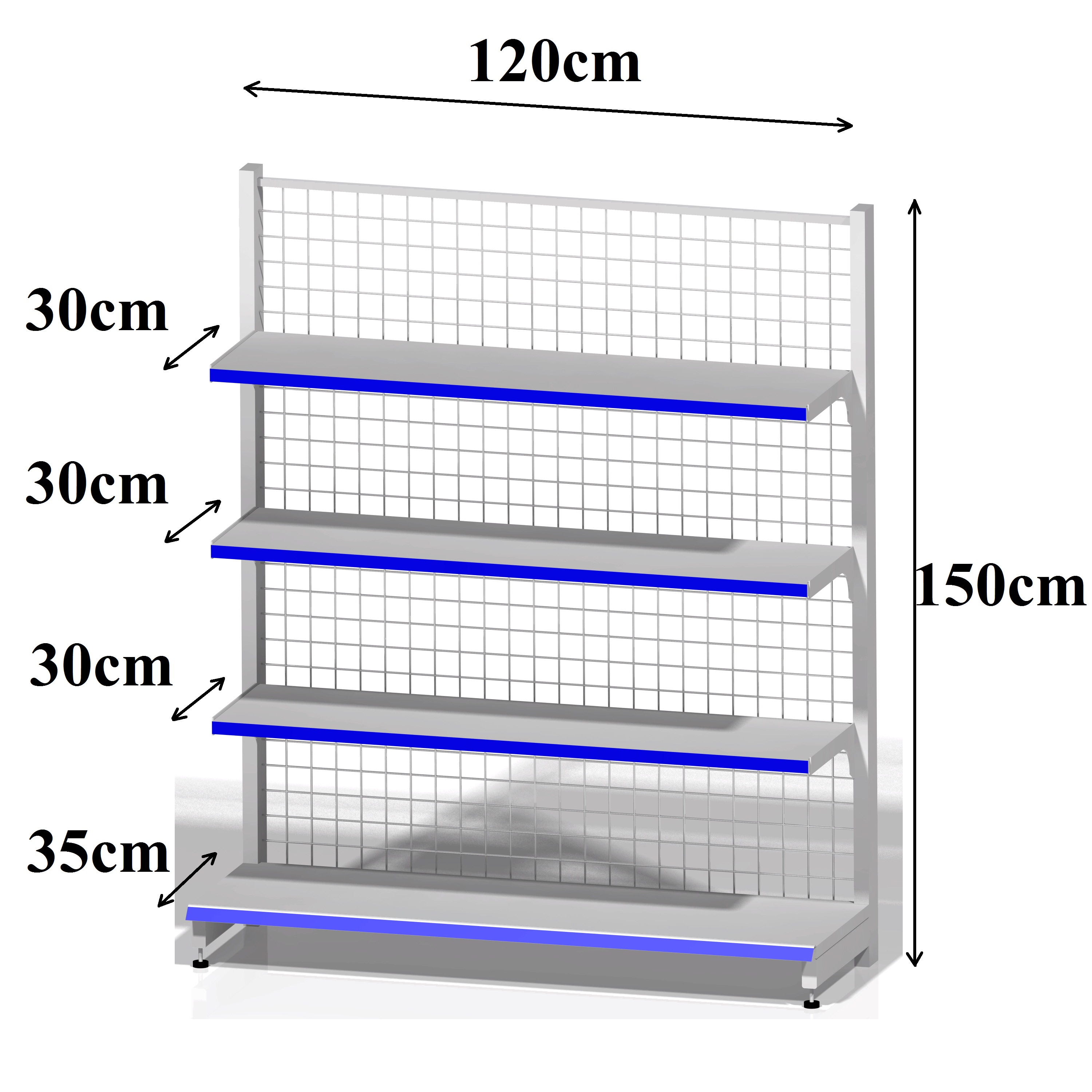 Kệ siêu thị áp tường (1 mặt) Dài 120 x Rộng 35 x Cao 150 x 4 tầng