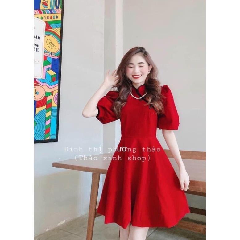 TBO Ảnh thật Đầm xoè tay phồng cổ tàu dịu dàng thướt tha kèm hình thật màu đỏ tay lỡ mặc Tết đón xuân