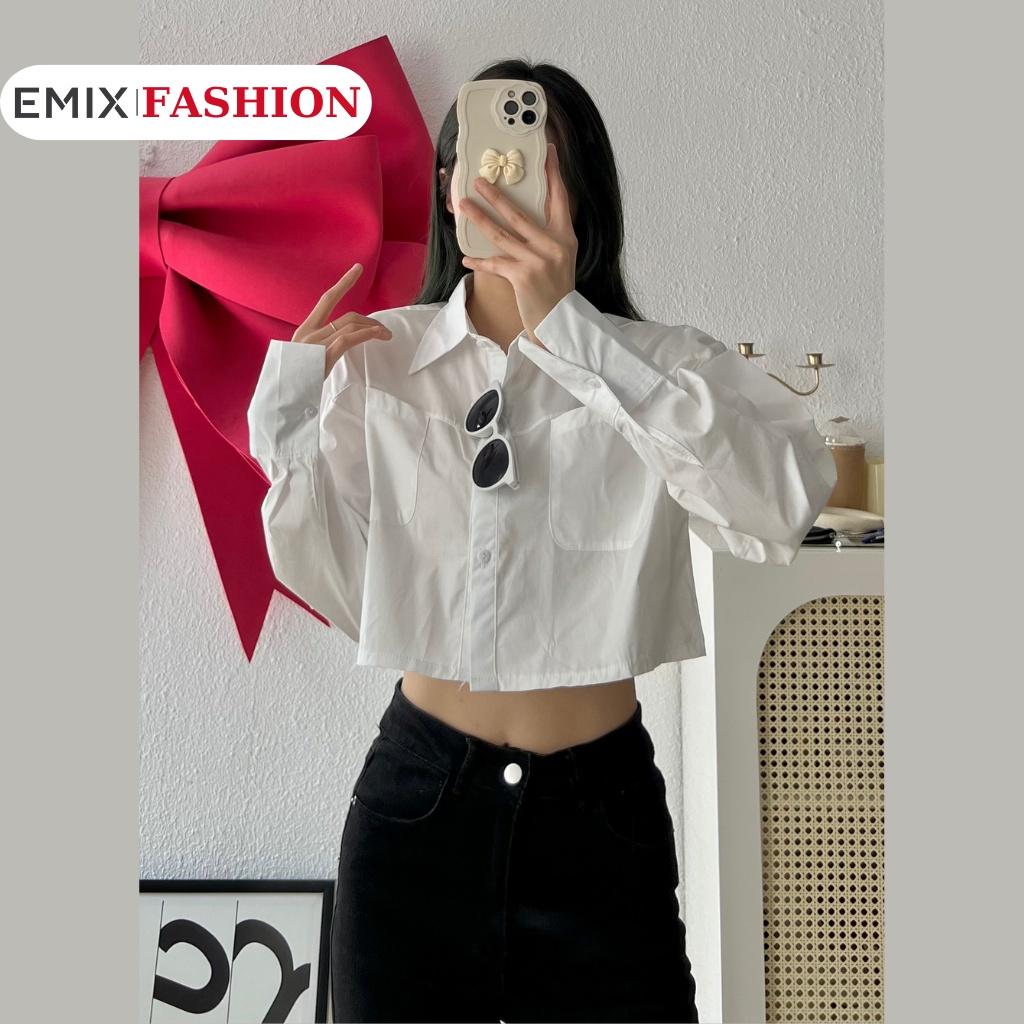 Áo sơ mi nữ dài tay EMIX, croptop, freesize dưới 53kg, chất thô boil 86127