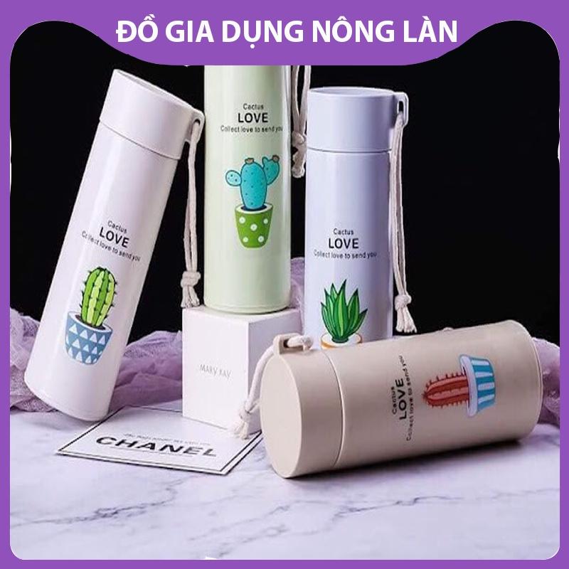 Bình đựng nước lõi thủy tinh họa tiết xương rồng dễ thương dung tích 400ml - Bình giữ nhiệt họa tiết xương rồng NL Shop