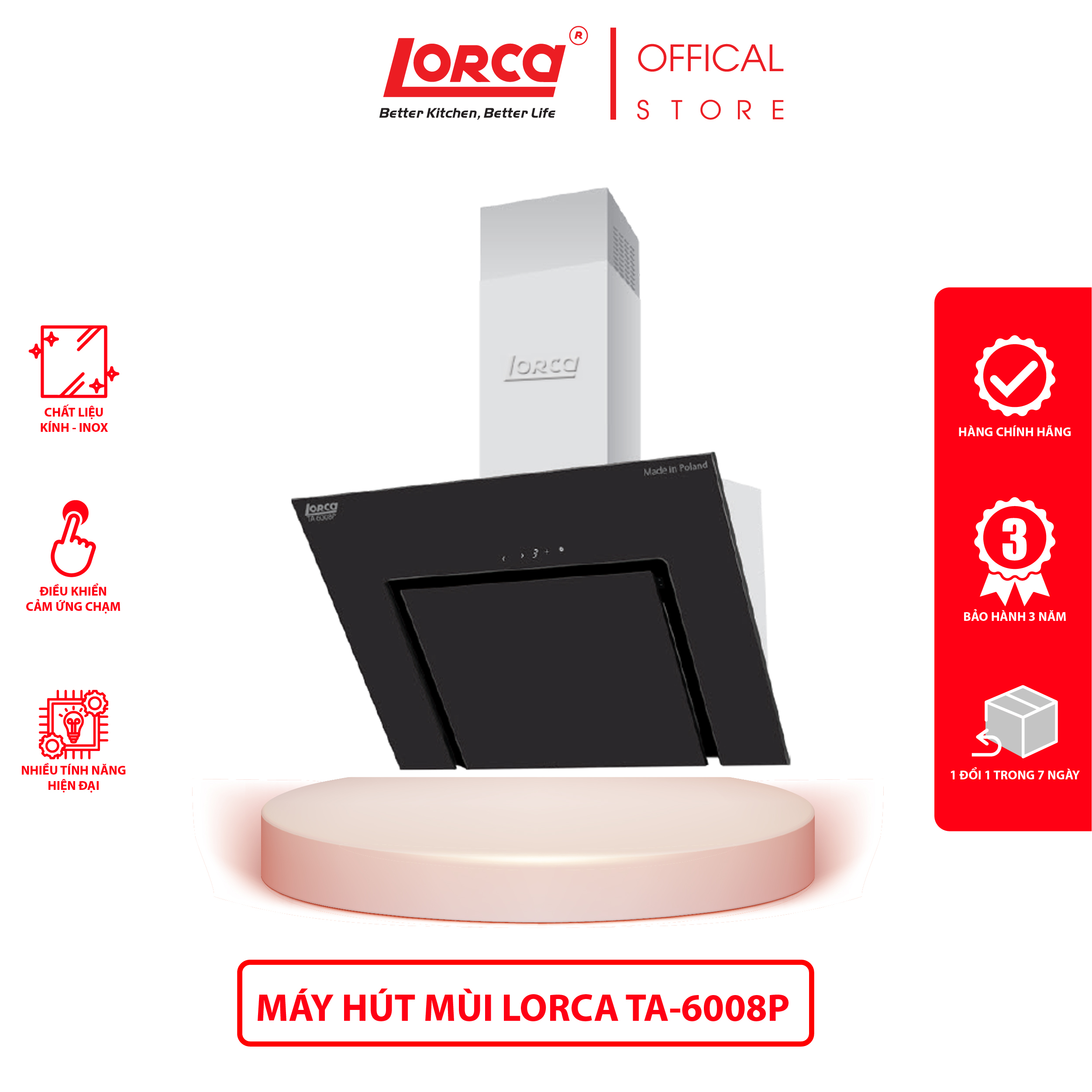 Máy Hút Mùi Kính Vát LORCA TA 6008P - 70cm - Hàng Chính Hãng Nhập Khẩu Ba Lan Sức Hút Lớn Êm Ái Tiết Kiệm