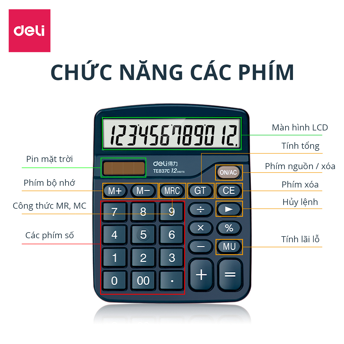 Máy Tính Để Bàn 12 Số Deli - Phù Hợp Kinh Doanh Văn Phòng Tính Chính Xác Cao Tiện Lợi - E837 TE837C