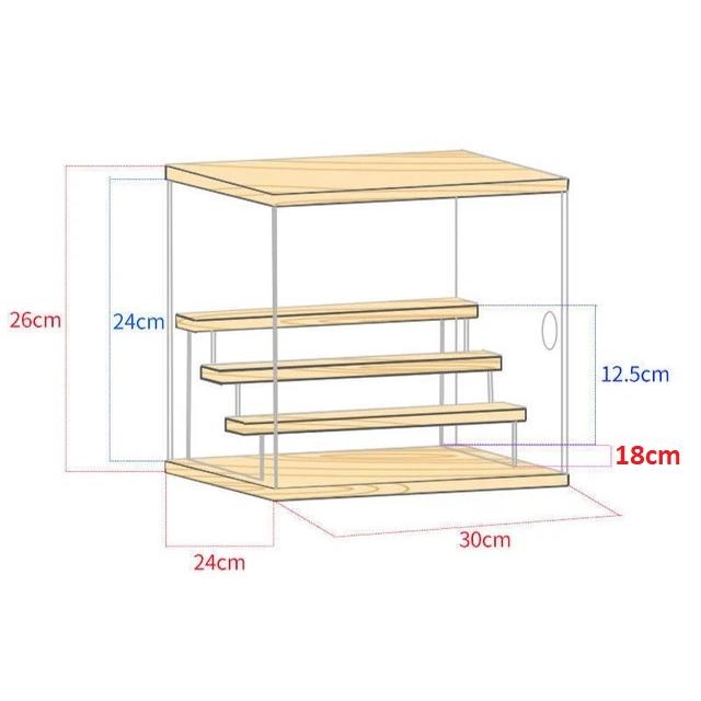 Hộp mica kèm kệ gỗ trưng bày sản phẩm, nhiều tầng