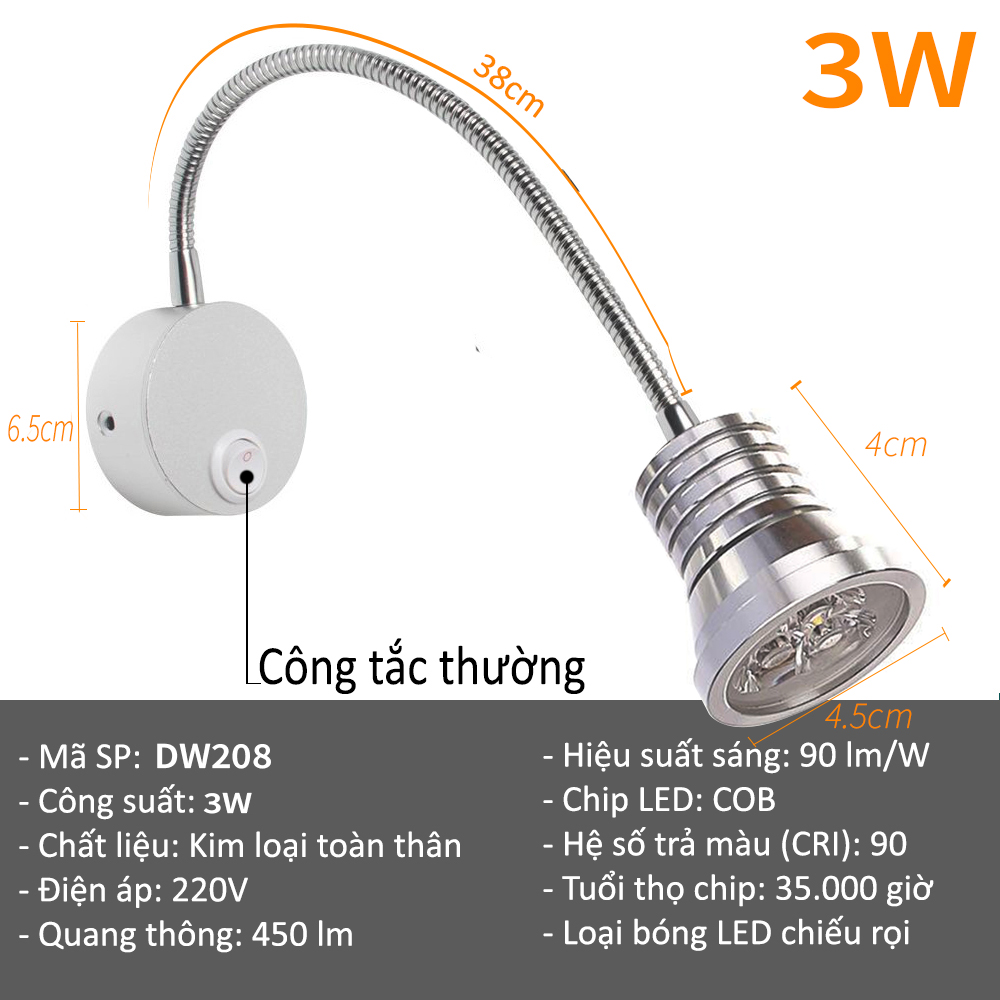 Đèn đọc sách đầu giường Led 3W-220V, Đèn rọi gắn tường 3 bóng siêu sáng soi tranh trang trí phòng ngủ, Phòng khách, Nhà hàng, Khách sạn, Showroom