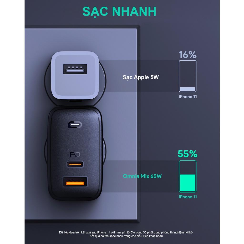 Củ Sạc Siêu Nhanh GAN AUKEY PA-B3 65W Sạc Mac 65W, PD 20W Cho iP 13 12 Pro 11 Pro XS - Hàng Chính Hãng