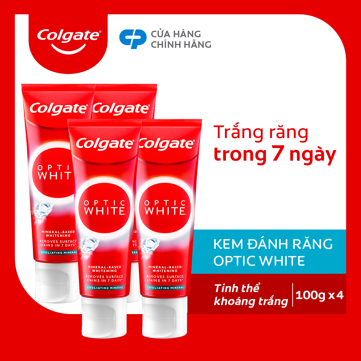 Bộ 4 Kem Đánh Răng Colgate trắng răng Optic White Exfoliating Mineral cho răng sáng bóng 100g/tuýp