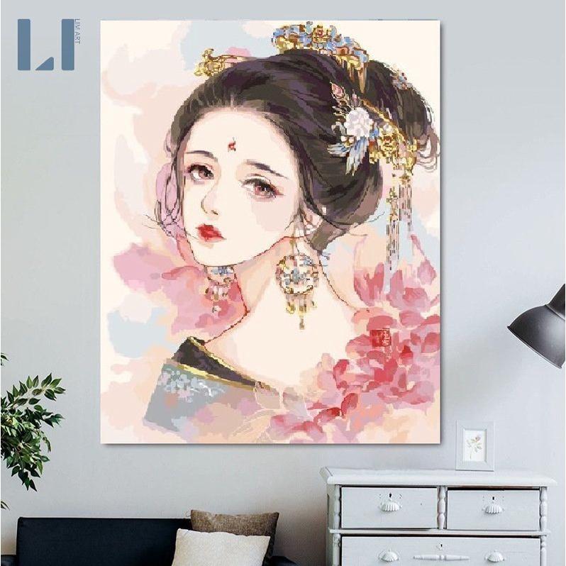 Tranh sơn dầu số hóa có khung cô gái Trung Hoa -Tranh tô màu theo số cổ trang Trung Quốc