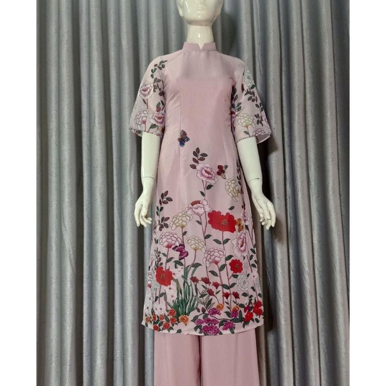 Áo Dài Cách Tân Màu Hồng In Hoạ Tiết Hoa Đẹp Xuất Sắc, Áo Dài Cách Tân 4 Tà Mềm Mại, Áo Dài Truyền Thống| Áo Dài Tết