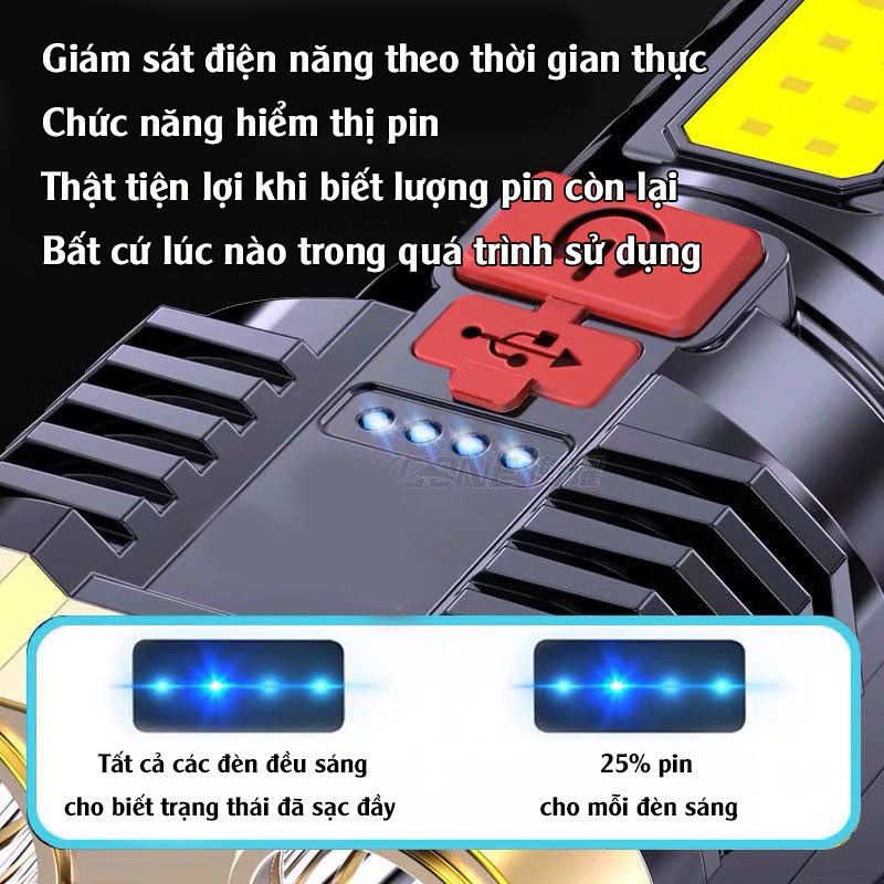 Đèn pin siêu sáng 5 bóng với 4 chế độ sáng thiết kế nhỏ gọn tiên lợi, Đèn tích điện siêu sáng cầm tay độ sáng cao