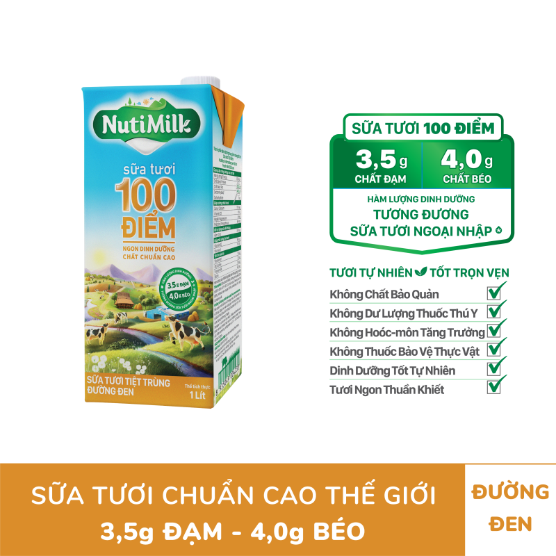 NutiMilk Sữa tươi 100 điểm - Sữa tươi tiệt trùng đường đen Hộp 1 Lít STDD1LTI NUTIFOOD