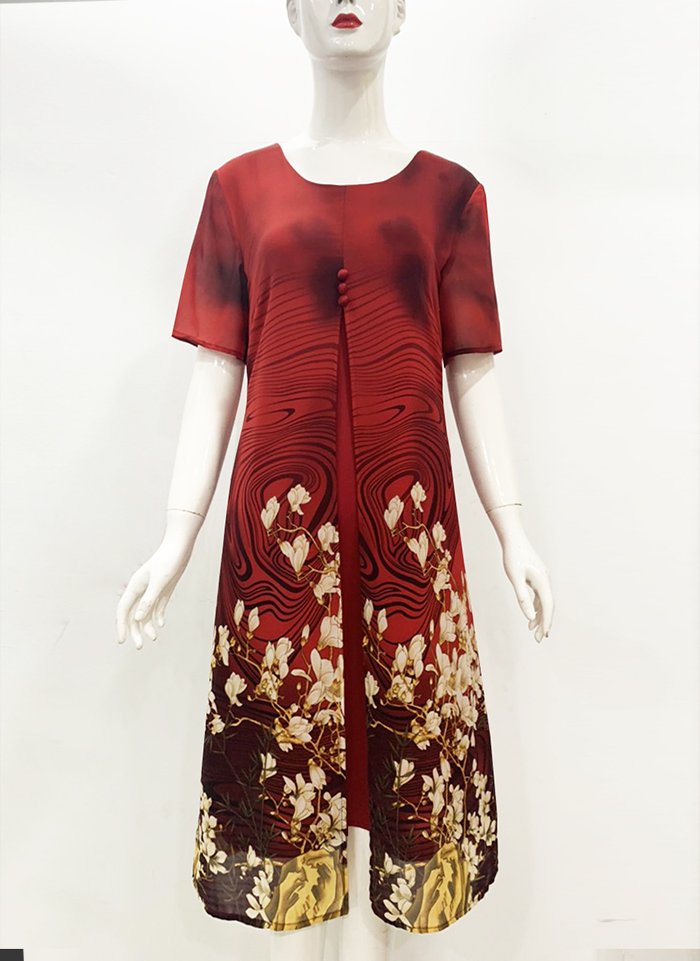 Đầm Trung Niên Nữ Dáng Suông Dài  Size Lớn Tay Ngắn Vải Voan 2 Lớp Kiểu Đầm Suông Dự Tiệc U50-60 Xè Tà In Hoa Đính Nút  SHOPPRO 3301