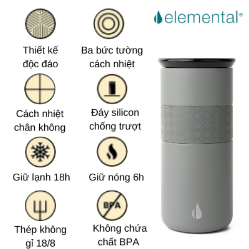 LY GIỮ NHIỆT ELEMENTAL MÀU XÁM , ĐẠT CHUẨN FDA HOA KỲ, THÉP 304 KHÔNG GỈ, GIỮ NÓNG LẠNH