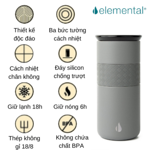 LY GIỮ NHIỆT ELEMENTAL MÀU XÁM (480ML), ĐẠT CHUẨN FDA HOA KỲ, THÉP 304 KHÔNG GỈ, GIỮ NÓNG LẠNH