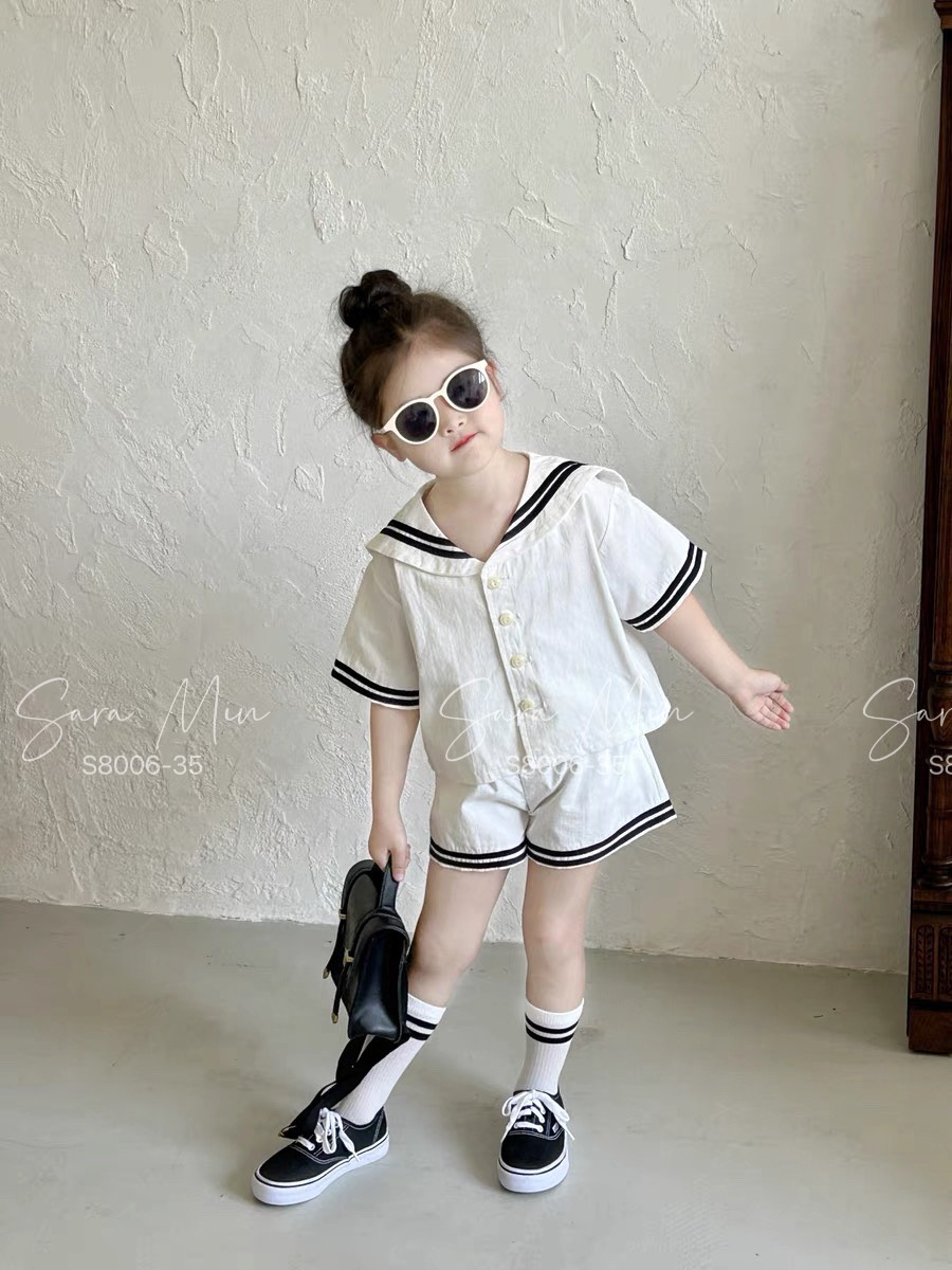[Từ 1 đến 12 tuổi] Set bộ trắng Hải quân thô cotton mềm mịn hút mồ hôi đi học đi chơi