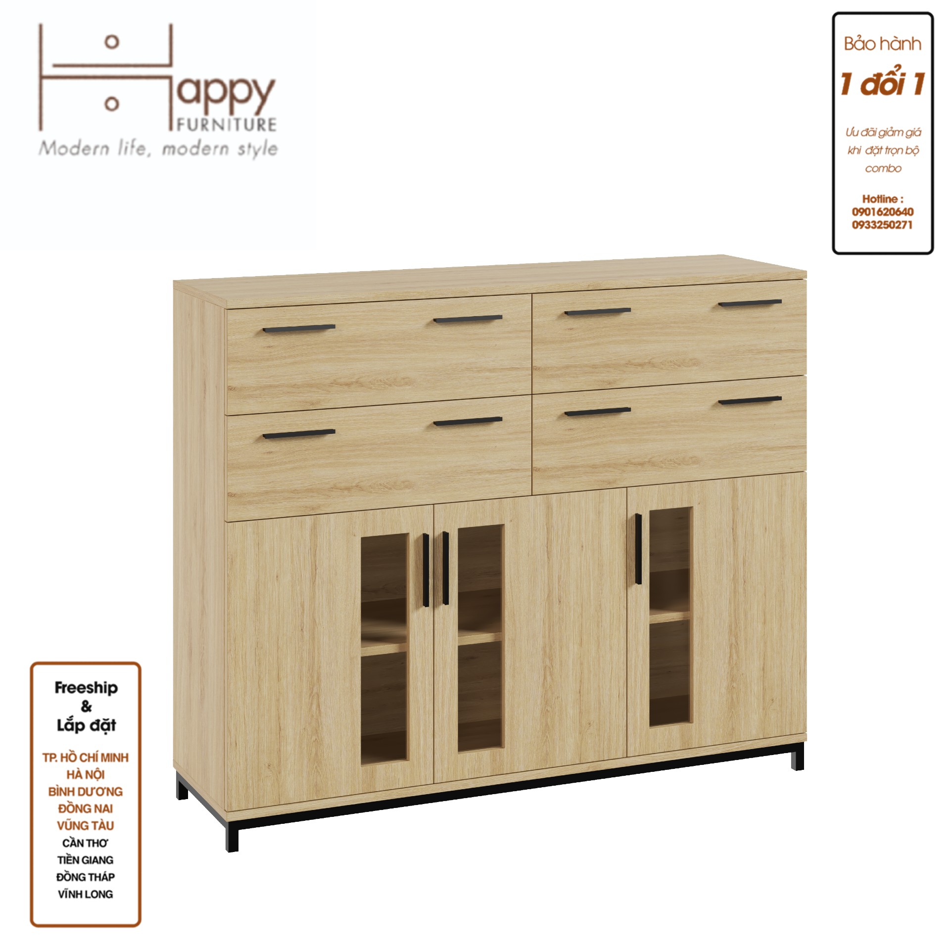 [Happy Home Furniture] LOUIS , Tủ lưu trữ 4 ngăn kéo 3 cửa mở - chân sắt , 126cm x 36cm x 104cm ( DxRxC), THK_060