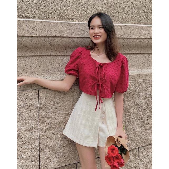 Áo kiểu croptop tay ngắn phồng Hàn Quốc cột nơ tiểu thư REVERCLOTHINGS Smiley Top