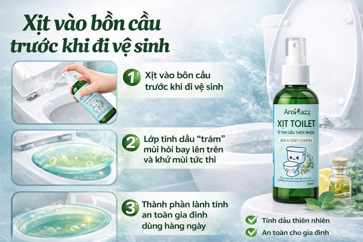 Xịt Khử Mùi Nhà Vệ Sinh Tức Thì Từ Tinh Dầu Thiên Nhiên AroMazz, Khử Mùi Trước Khi Đi Vệ Sinh, An Toàn Dùng Hàng Ngày