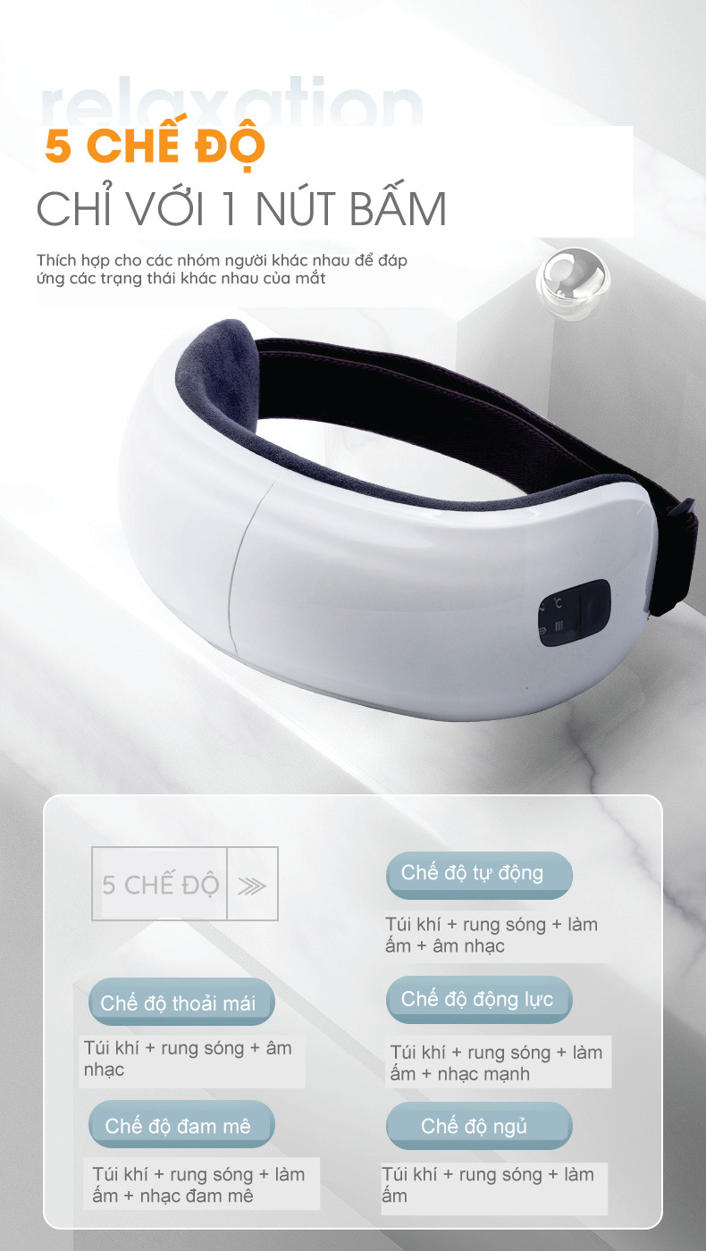 Máy Massage Mắt Tích Hợp Bluetooth Nghe Nhạc Thư Giãn Giảm Bọng Mắt, Thâm Mắt- 5 Chế Độ Massage Khác Nhau, Gấp Gọn 180°, Pin Dung Lượng 1200mAh - Tặng kèm máy massage cầm tay mini - Hàng nhập khẩu