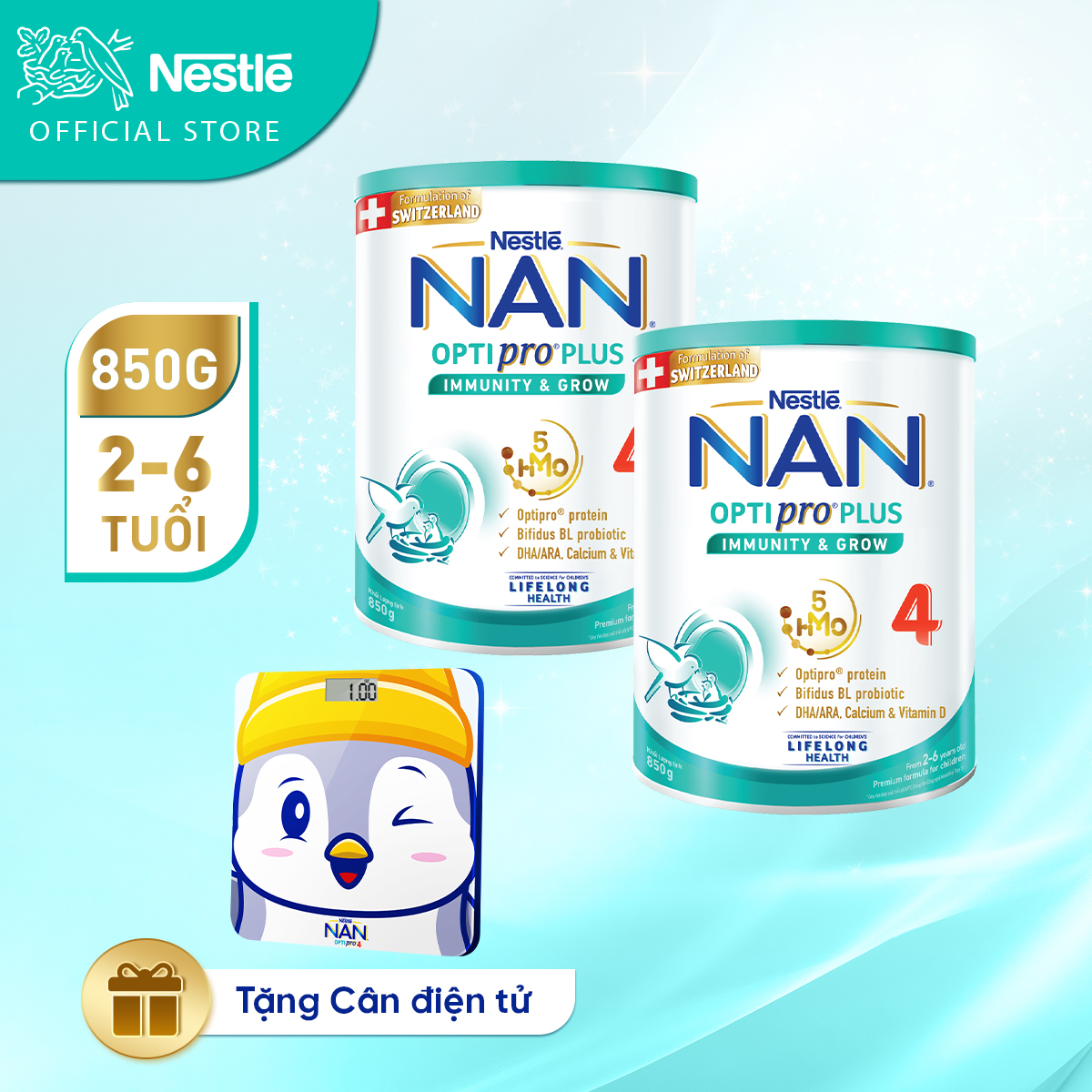 Combo 2 Sản Phẩm Dinh Dưỡng Nestlé NAN OPTIPRO PLUS 4 850g/lon với 5HMO Hỗ trợ Đề Kháng - Tiêu Hóa - Trí Não &amp; Chiều Cao Dánh cho bé từ 2 - 6 tuổi  - Tặng Cân điện tử