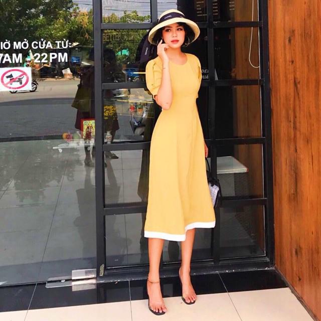 Đầm Suông Dài Vàng Viền Trắng