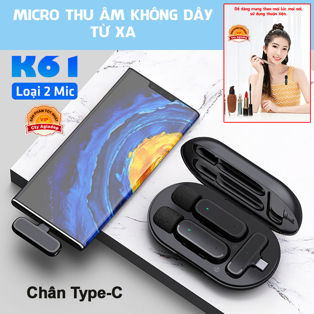 Mic thu âm livestream video K61 Micro thu âm không dây cài áo, cầm tay,khử tiếng ồn tối đa khoảng cách thu âm 20m-Hàng chính hãng