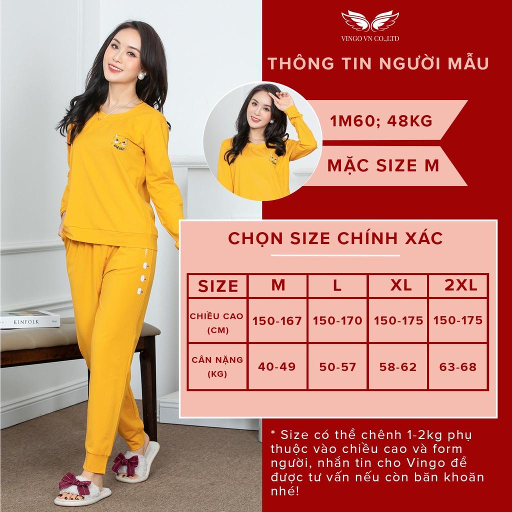 Bộ Đồ Ngủ Nữ Cotton Mặc Nhà VINGO Mùa ĐôngTay Dài Quần Dài Cổ Tròn Dáng Suông Hình Mèo Cao Cấp Nhiều Màu C046 VNGO