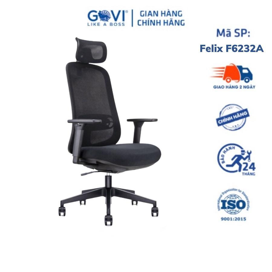 Ghế công thái học Ergonomic GOVI Felix F6232A - Thiết kế tựa đầu điều chỉnh độ cao, tựa tay 3D nâng hạ, mâm ghế ngả 135 độ