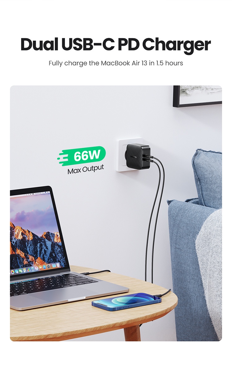 Củ sạc nhanh UGREEN PD 66W 2 cổng USB C thích hợp cho MacBook Laptop iPad iPhone SamSung Android - Công Nghệ Power Delivery 3.0/QC 3.0/PPS/AFC