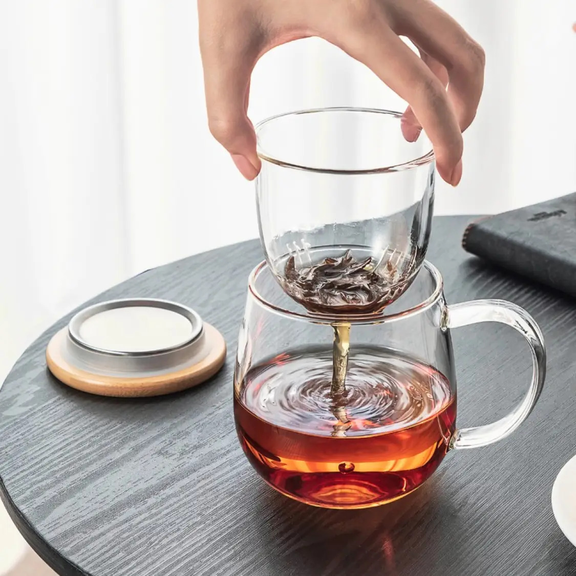 Ly lọc trà thủy tinh chịu nhiệt lõi thủy tinh nắp gỗ S027A 380ml