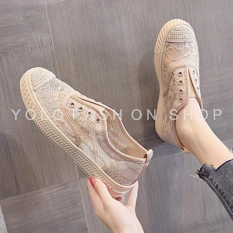 Giày lười slip on nữ dáng thể thao basic phối ren vintage siêu mềm êm chân hàng cao cấp chuẩn đẹp-GL26