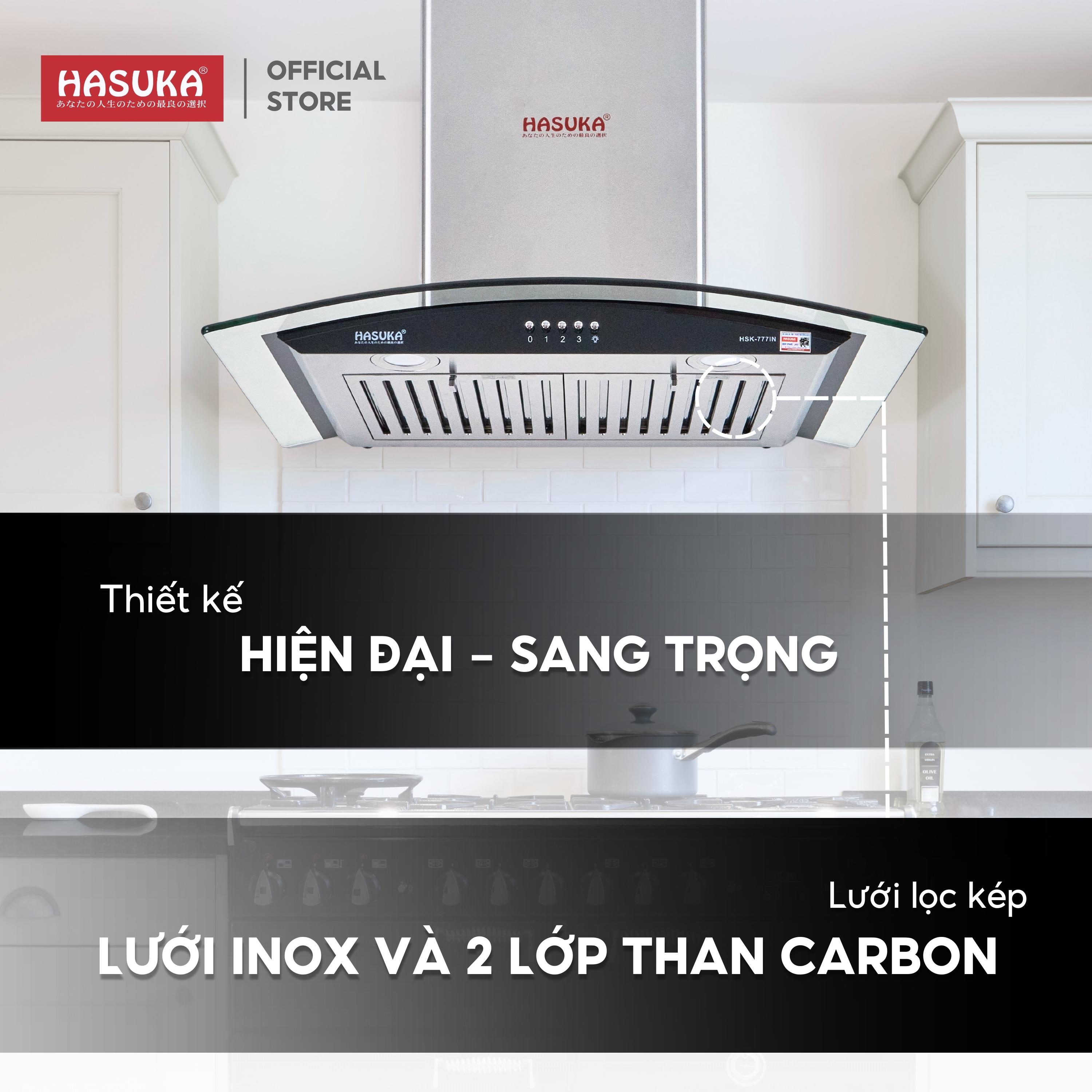 Máy hút mùi cơ kính cong lưới inox HASUKA HSK-777IN - hút và khử mùi với công suất 950m³/h, nút bấm điều khiển cơ - HÀNG CHÍNH HÃNG