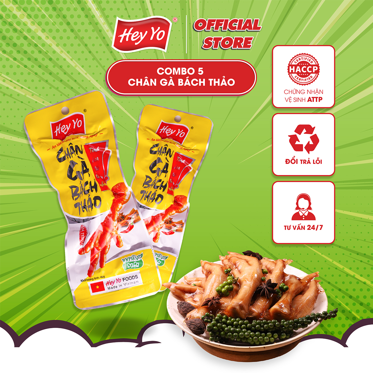 Combo 5 Chân Gà cay Hey Yo Bách Thảo 40g, chân gà ủ vị hàng Việt Nam thơm ngon chất lượng