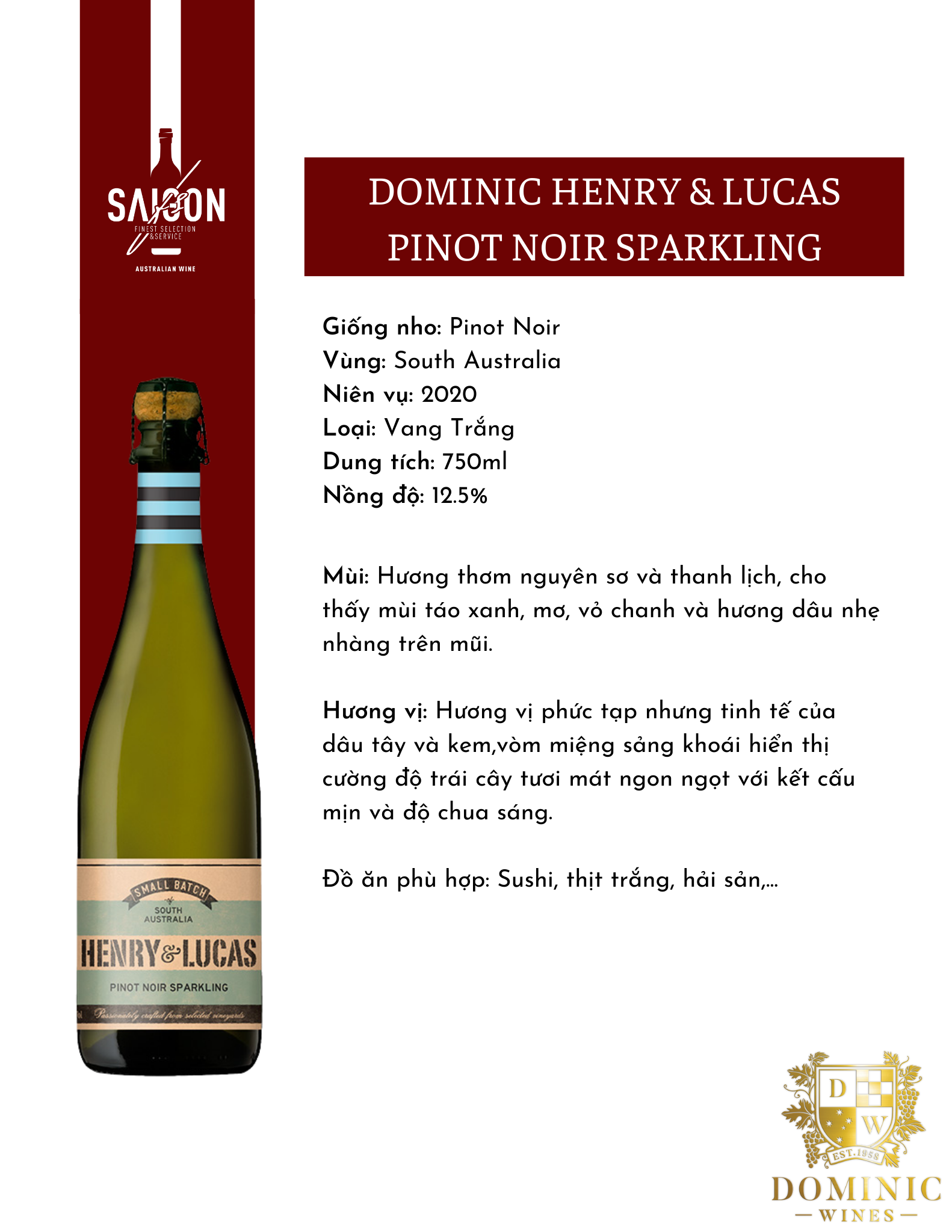 Rượu Vang Sủi Dominic HENRY & LUCAS Pinot Noir Sparkling 750ml 13% Acl