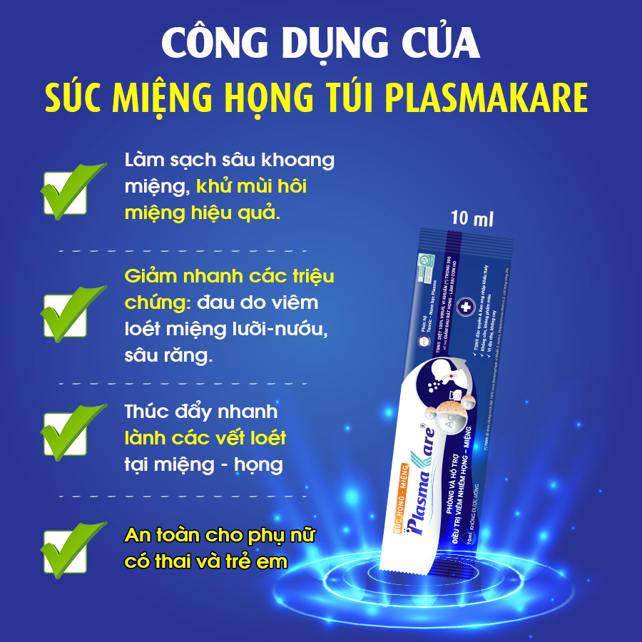 Nước Súc Miệng Nano Bạc Plasmakare Diệt Khuẩn 99%, Dạng Túi 10ml, Cho Hơi Thở Thơm Mát, An Toàn Cho Bà Bầu và Trẻ Em