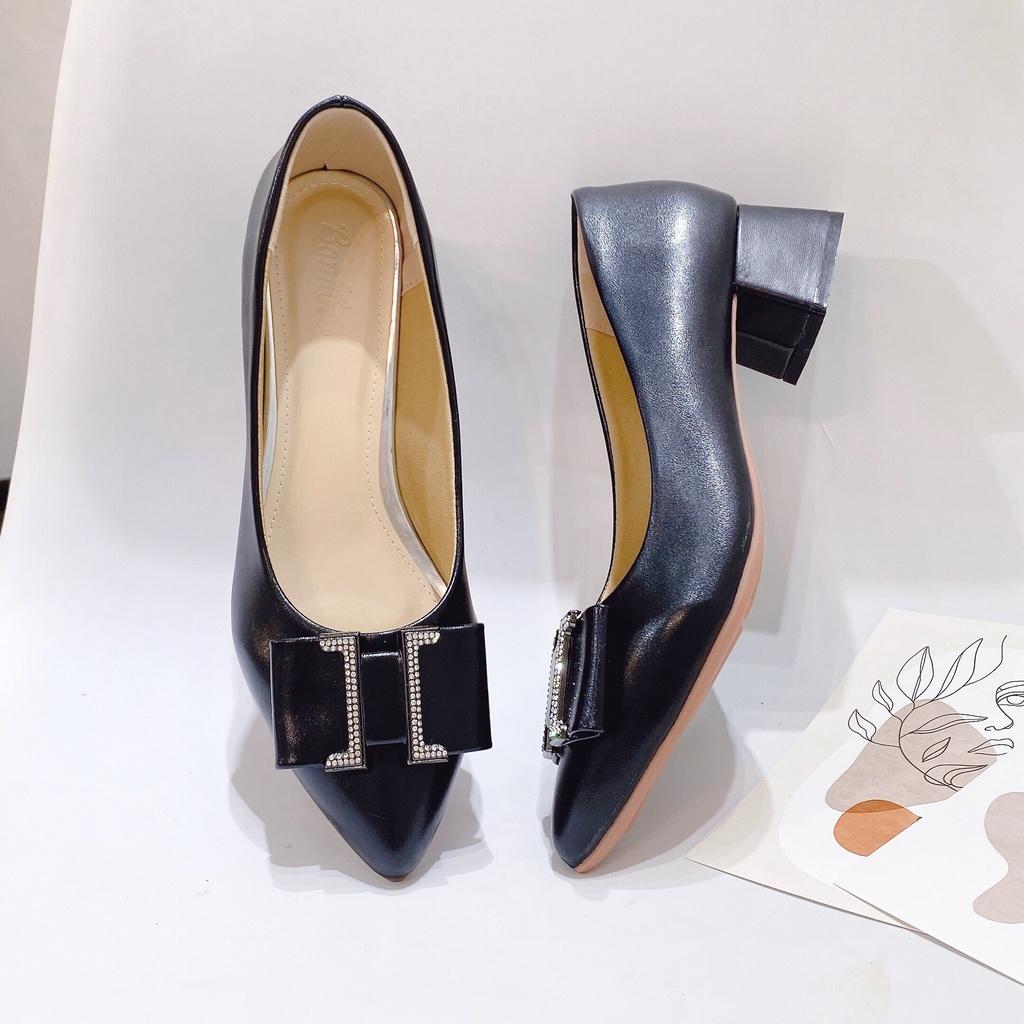 Giày Cao Gót Nữ Mũi Nhọn  gót vuông cao 3p khóa chữ H nữ tính